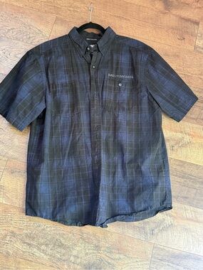 Harley-Davidson Black & Blue Short Sleeve Plaid Button-Up Shirt